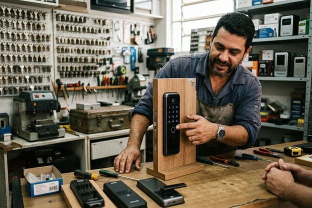 Chaveiro mostrando diferentes modelos de fechaduras digitais em Ribeirão Pires.