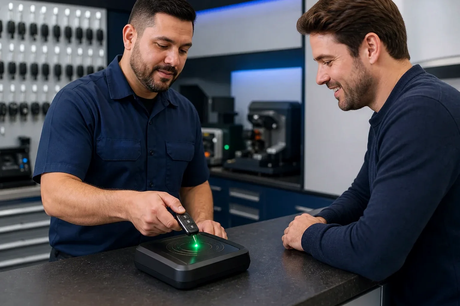 Chaveiro programando uma chave em Ribeirão Pires em equipamento especializado.